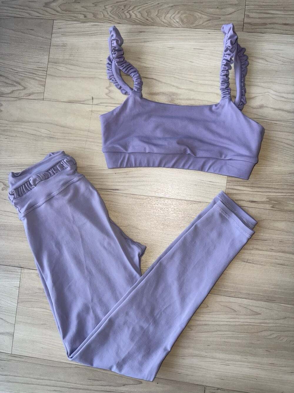 925 Fit Lavender Ruched Ruffle Strap Sports Bra and Leggings Set